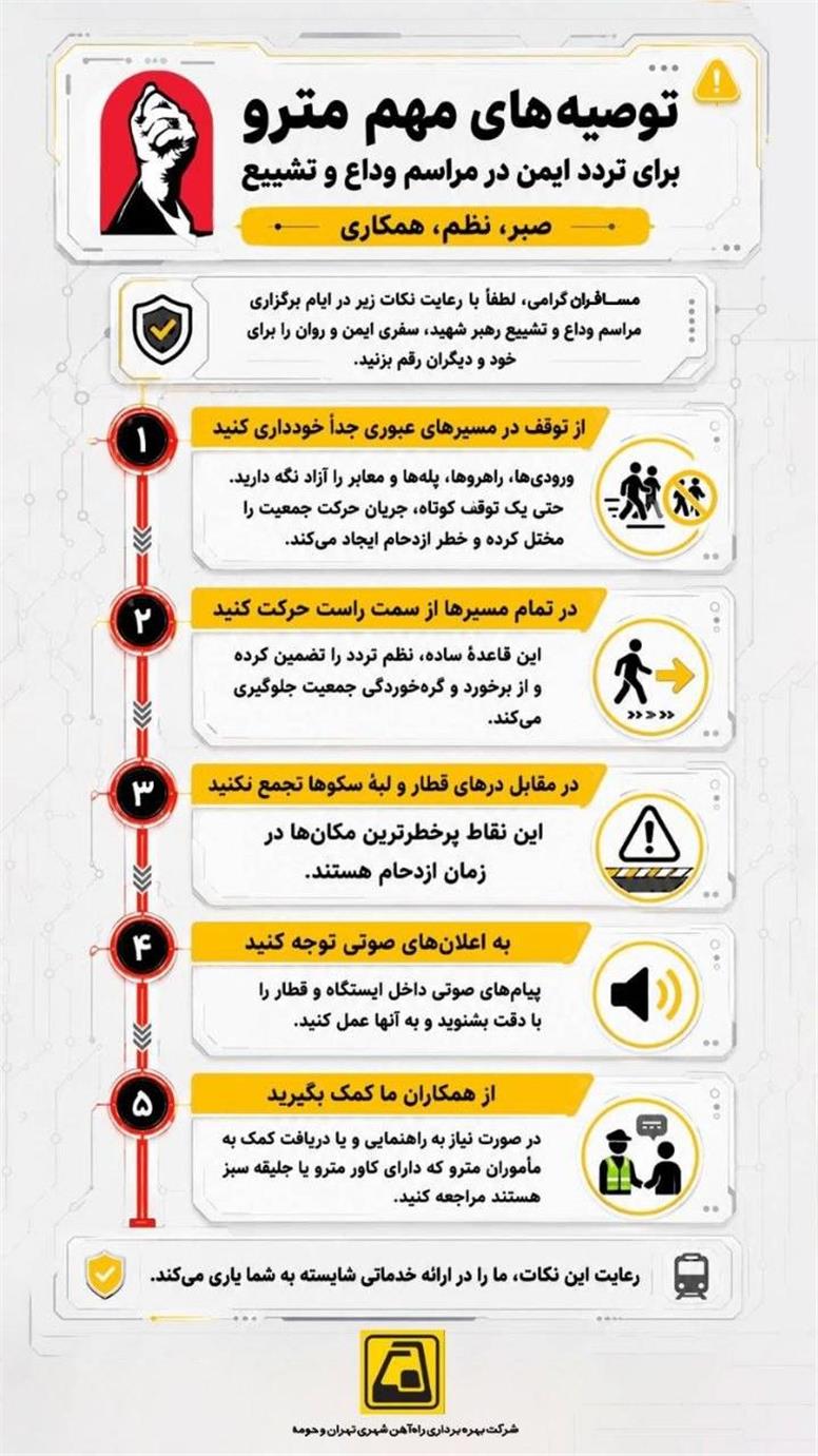 راهنمای سفر ایمن در مترو ویژهٔ مراسم وداع و تشییع آقای شهید ایران