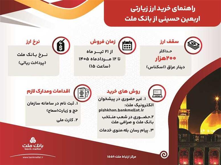 فروش ارز اربعین به صورت حضوری و غیرحضوری در بانك ملت/ اینفوگرافی