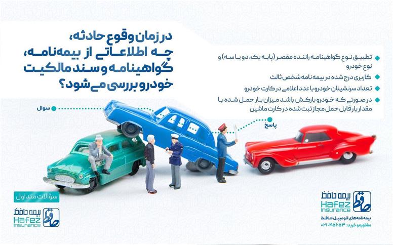 در زمان وقوع حادثه،چه اطلاعاتی از بیمه‌نامه، گواهینامه و سند مالکیت خودرو بررسی می‌شود؟
